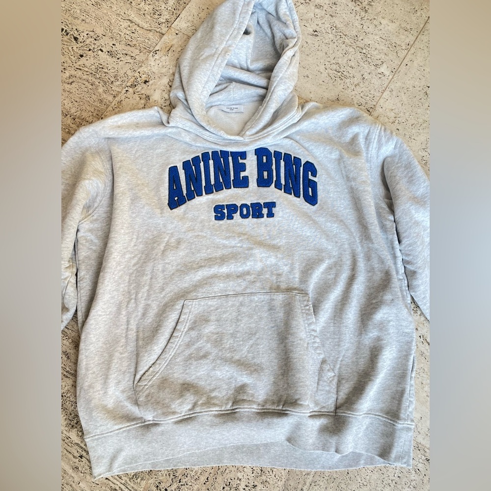 Anine Bing Sport Light Gray Hoodie with Blue Text